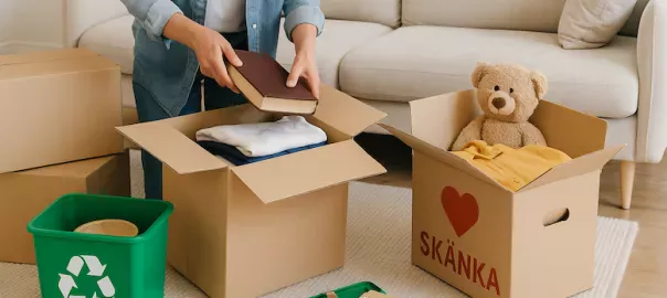"Person rensar och packar flyttlådor inför flytt till mindre bostad – skänker och organiserar ägodelar smart för en enklare och mer hållbar livsstil"